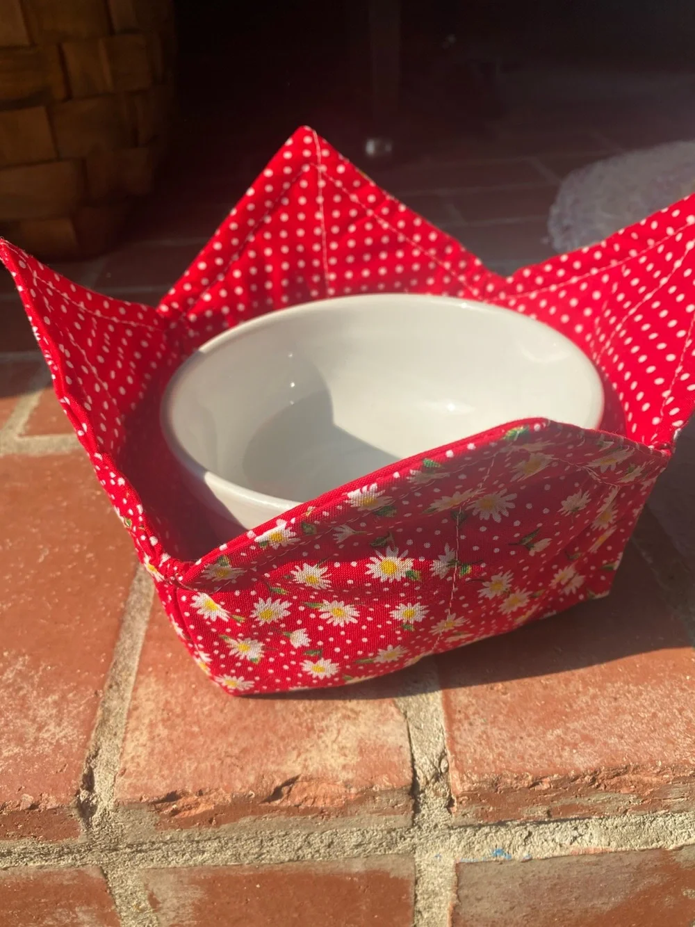 Handmade bowl cozie 100% cotton microwave washer safe.